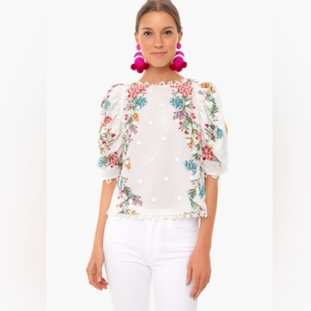 FARM RIO Louise Floral White Multi Floral Puff Sleeve Top M Like New RARE - Picture 5 of 16